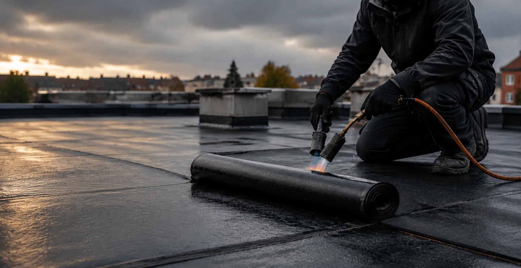 Compagnon déroulant une membrane bitumineuse au chalumeau sur une toiture terrasse